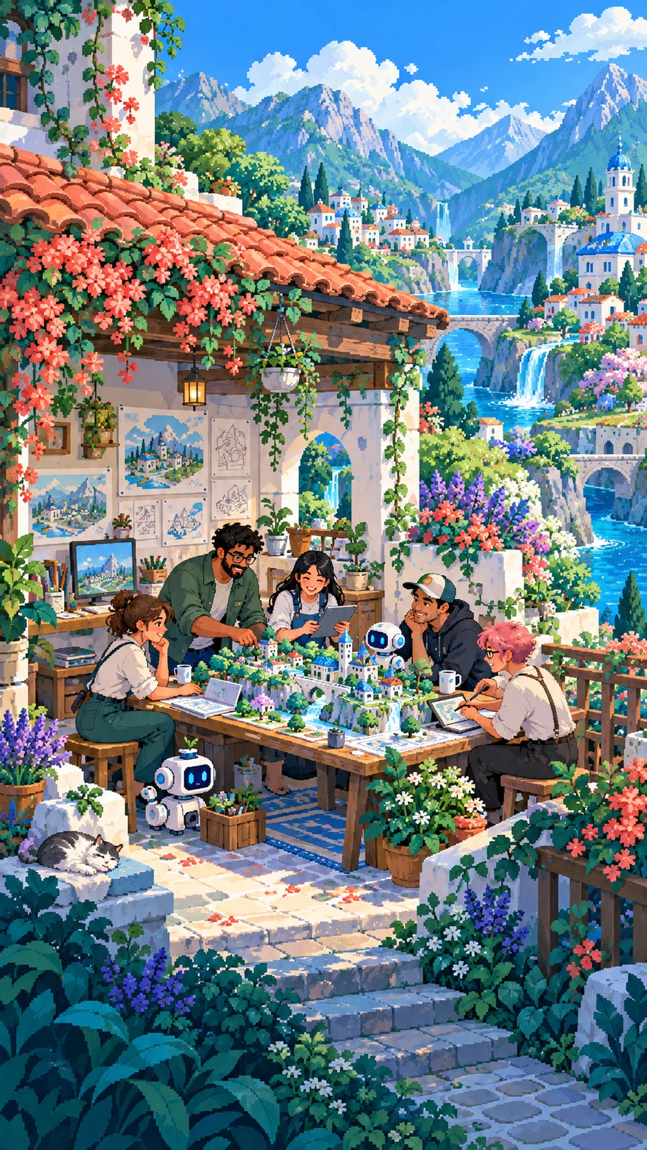 A team of people and friendly AI agents builds a miniature world in a bright pixel-art studio