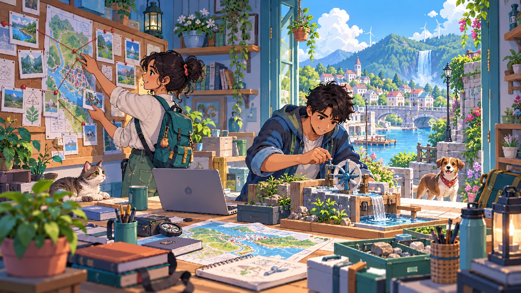 Two people work through a challenge together in a bright pixel-art workshop