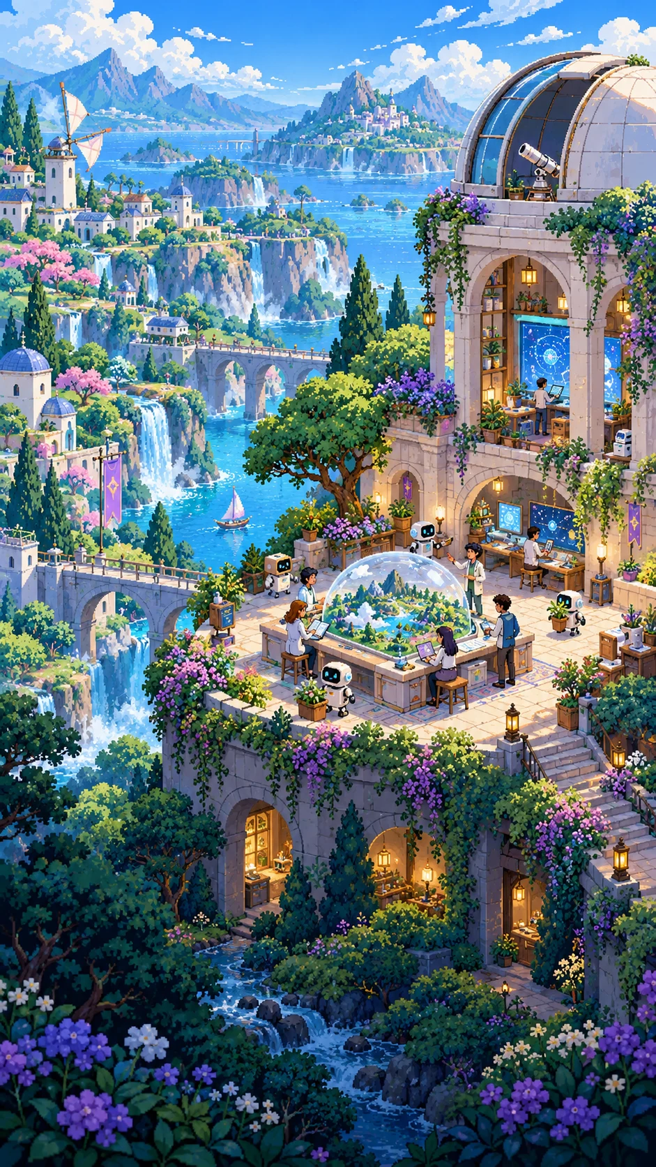 People and small AI agents explore a miniature world at a bright pixel-art observatory
