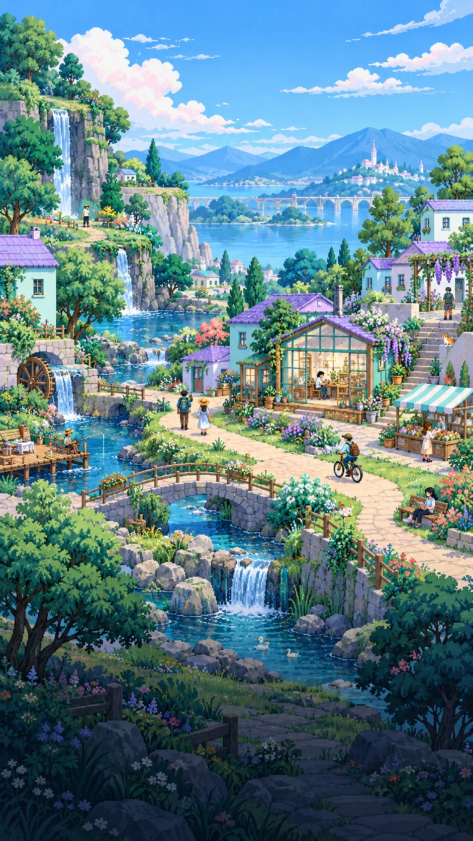 A pixel-art town with people, gardens, and a stream